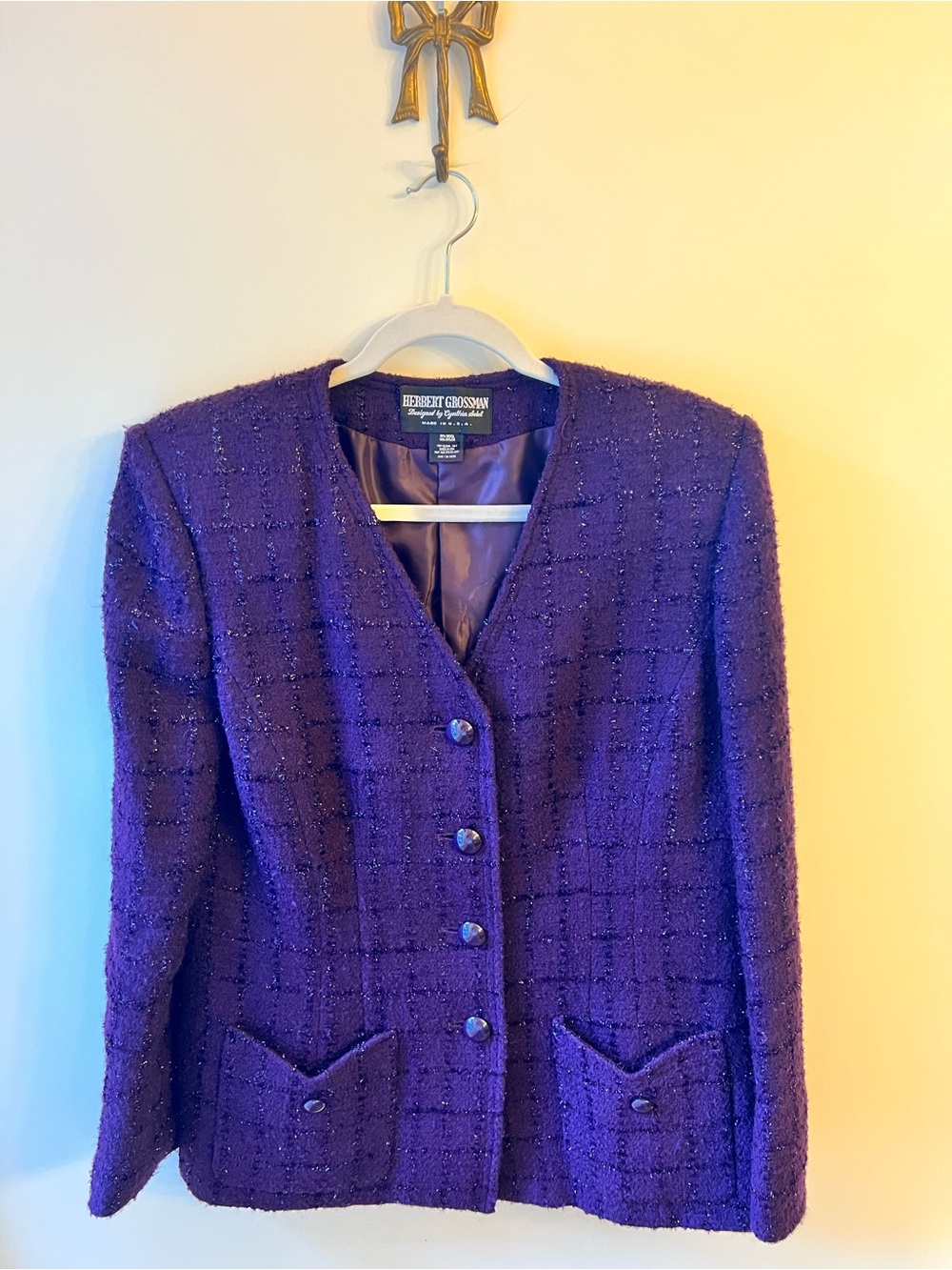 Vintage Herbert Grossman Wool Blazer Skirt Suit Purple SZ 12 Preppy Business USA